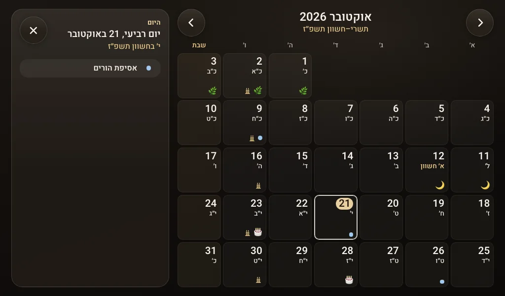 לוח חודשי של אוקטובר 2026 על מסך המסגרת, מהעדכון הקרוב, עם התאריכים העבריים, סימני שבת וחג, יום הולדת ואירוע ״אסיפת הורים״ ביום רביעי.