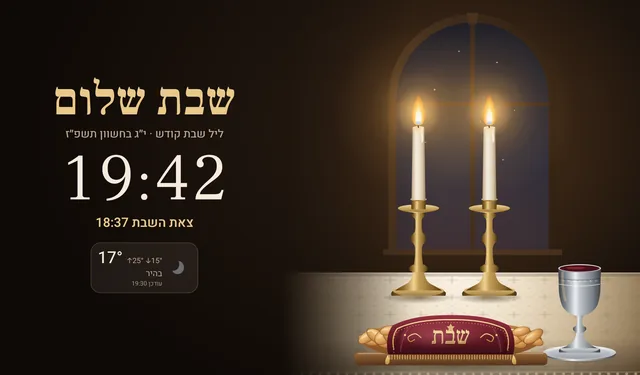 מסך השבת: ״שבת שלום״, ליל שבת קודש, י״ג בחשוון תשפ״ז, השעה 19:42, צאת השבת 18:37 ומזג האוויר, ליד איור של שני נרות דולקים, חלה מכוסה וגביע.